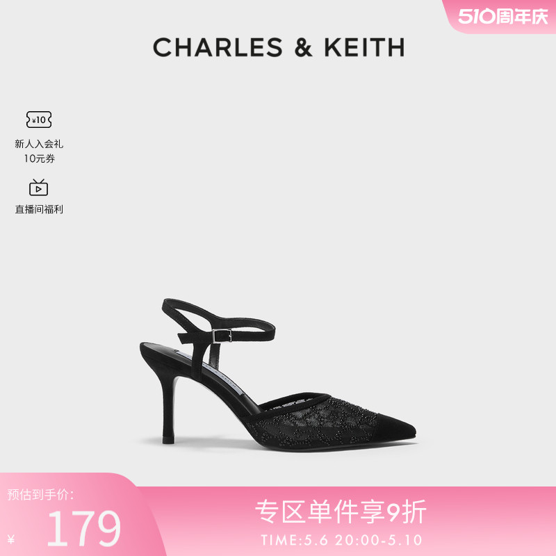 CHARLES&KEITH春夏女鞋CK1-60280374-1网纱腕带尖头高跟凉鞋女