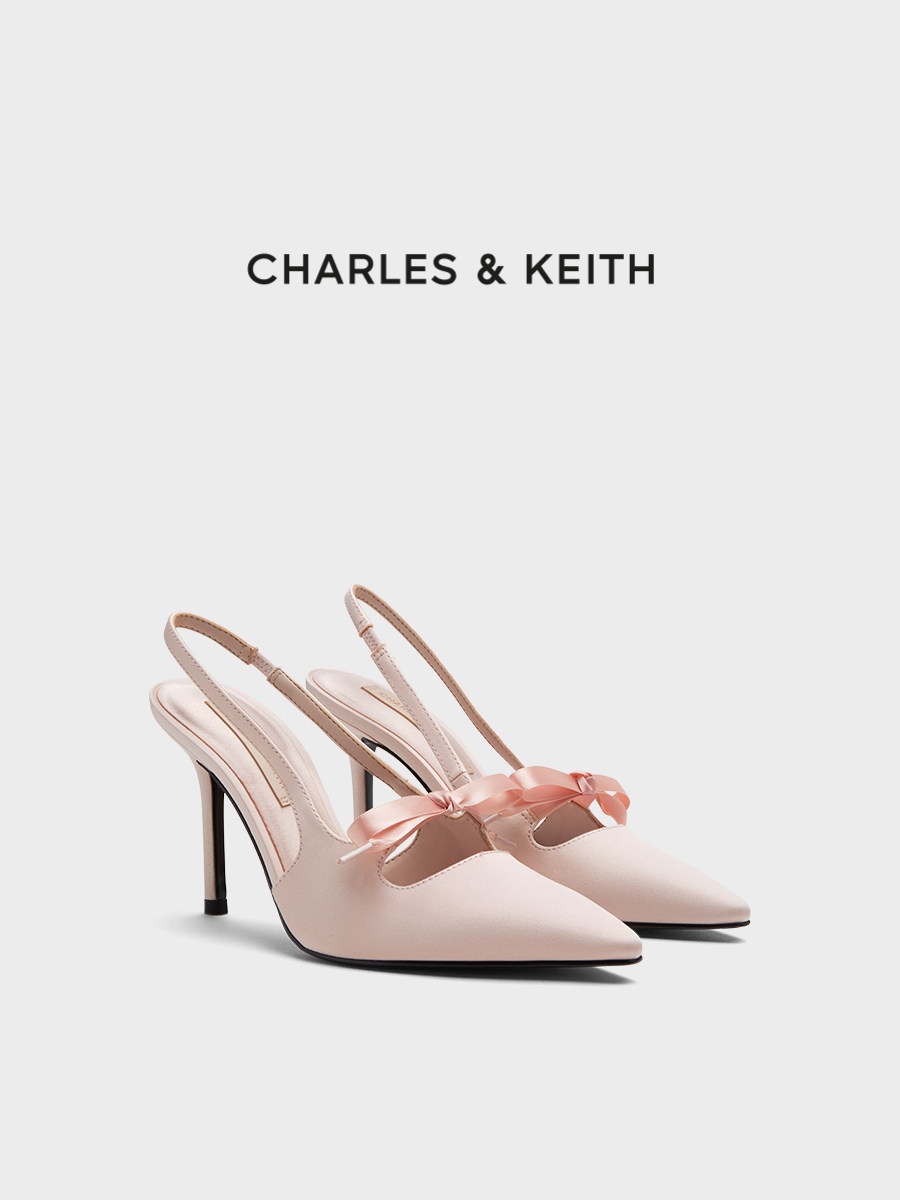 CHARLES&KEITH夏季女鞋CK1-60361556缎面蝴蝶结尖头高跟凉鞋婚鞋