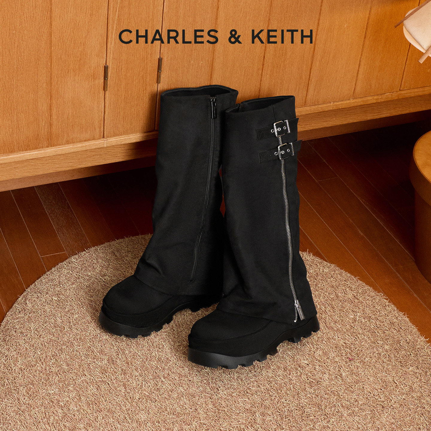 CHARLES&KEITH26冬新款CK1-90920191复古厚底长筒骑士靴裤管靴