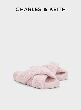 CHARLES&KEITH25秋新款CK1-70580233-1休闲厚底交叉带毛绒拖鞋女