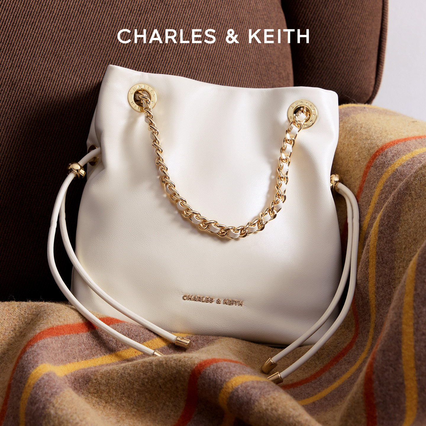 CHARLES&KEITH秋女包CK2-80151536抽绳链条手提托特包福袋包小号