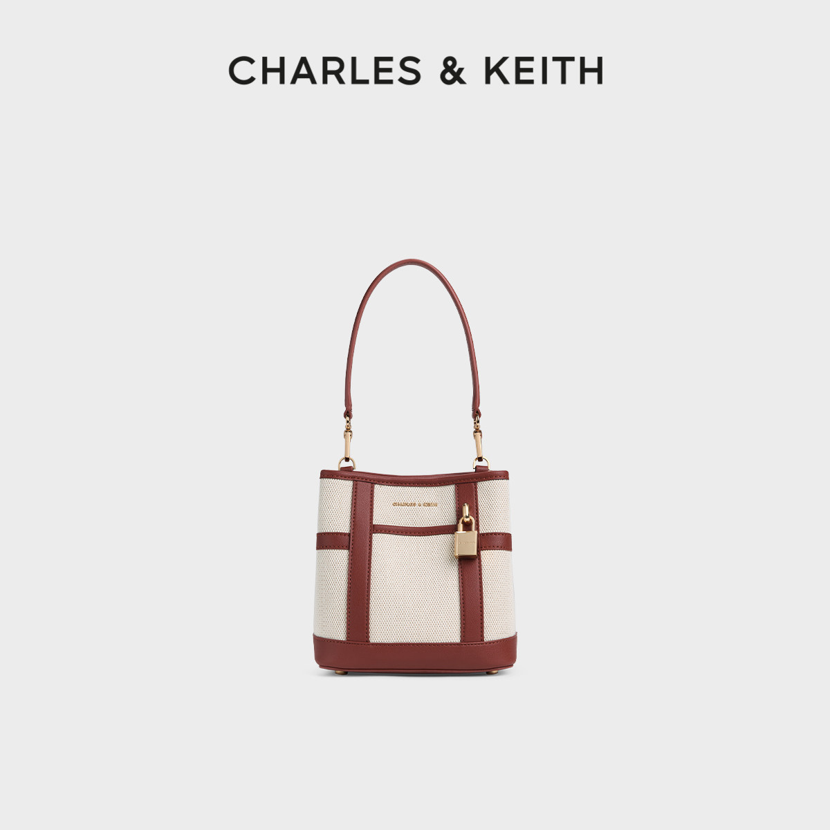 CHARLES&KEITH26春新款CK2-10671860-1帆布拼接水桶包单肩斜挎包
