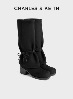 CHARLES&KEITH25冬新款CK1-90580218绑带粗跟仿麂皮裤管靴西部靴