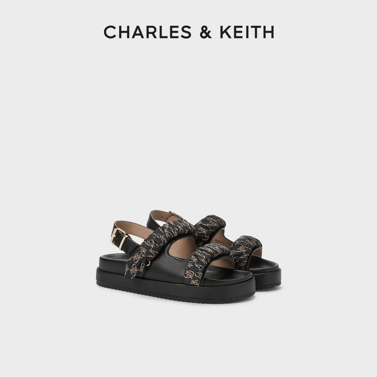 CHARLES&KEITH夏季女鞋SL1-71720110真皮露趾绑带平底沙滩凉鞋