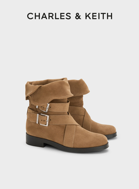 CHARLES&KEITH25秋新款CK1-90580215平底仿麂皮可翻折短靴堆堆靴
