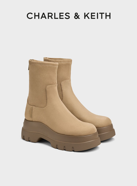 CHARLES&KEITH25冬新款CK1-90380174圆头厚底拉链弹力短靴瘦瘦靴