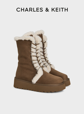 CHARLES&KEITH25冬季新款CK1-90920165厚底毛绒系带雪地靴马丁靴