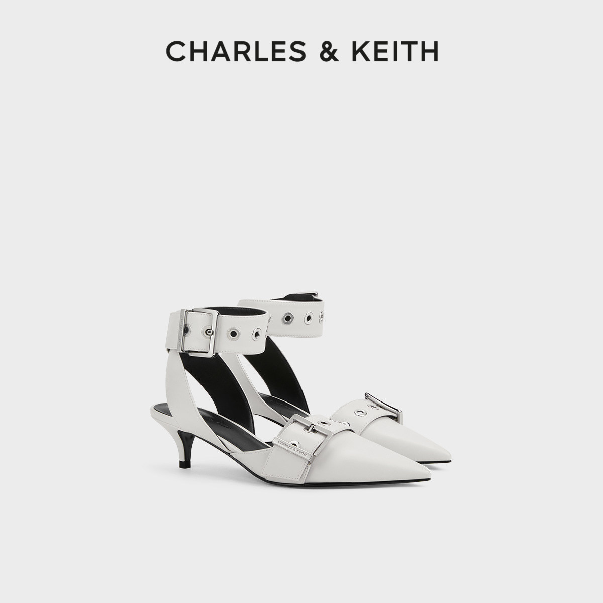 CHARLES&KEITH夏季女鞋CK1-61720176时尚潮酷铆钉尖头猫跟凉鞋