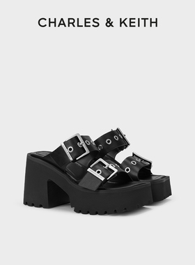 CHARLES&KEITH春季女鞋CK1-80580147方头厚底铆钉皮带高跟拖鞋女