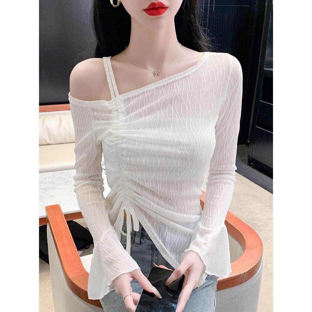 雪纺衫女夏季薄款2025新款长袖t恤修身显瘦不规则打底衫露肩上衣