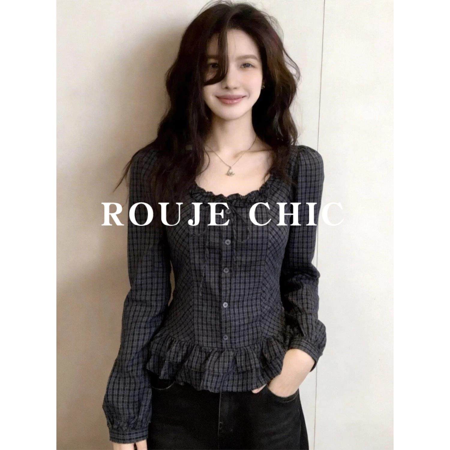 法国rouje chic法式木耳边系带荷叶边格子衬衫女春季复古气质衬衣