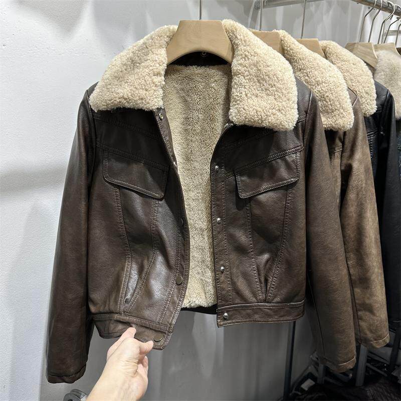 韩国加绒皮衣外套女羊羔毛领派克服2025冬季新款皮夹克短款上衣潮