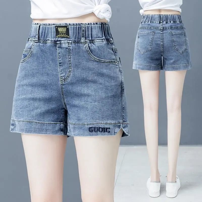 高腰牛仔短裤女2025夏季新款韩版大码显瘦松紧阔腿裤外穿刺绣