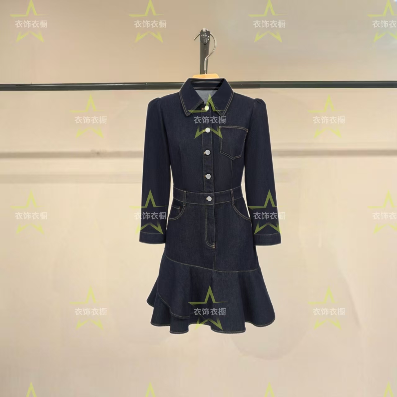 女装2025秋季新款连衣裙翻领收腰撞色七分袖牛仔裙325342013-TO