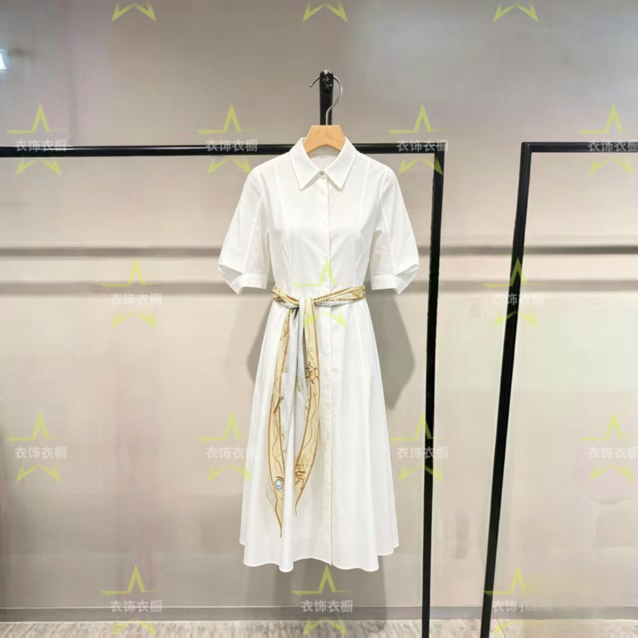 商场同款衬衫连衣裙26夏新款天丝棉泡泡袖丝巾收腰126107094-JU