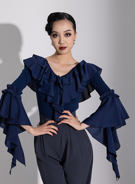 拉丁舞服2025新款摩登舞服女上衣新款舞蹈服练功服飘飘袖体服MD24