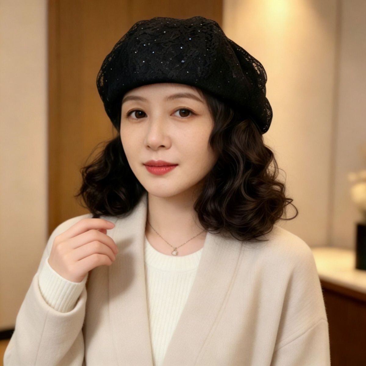 秋冬帽子假发一体时尚短卷发气质蕾丝花朵洋气花瓣八角帽全头套