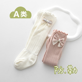 婴儿长筒袜春秋纯色棉新生儿韩版 公主花边蝴蝶结宝宝过膝长袜松口