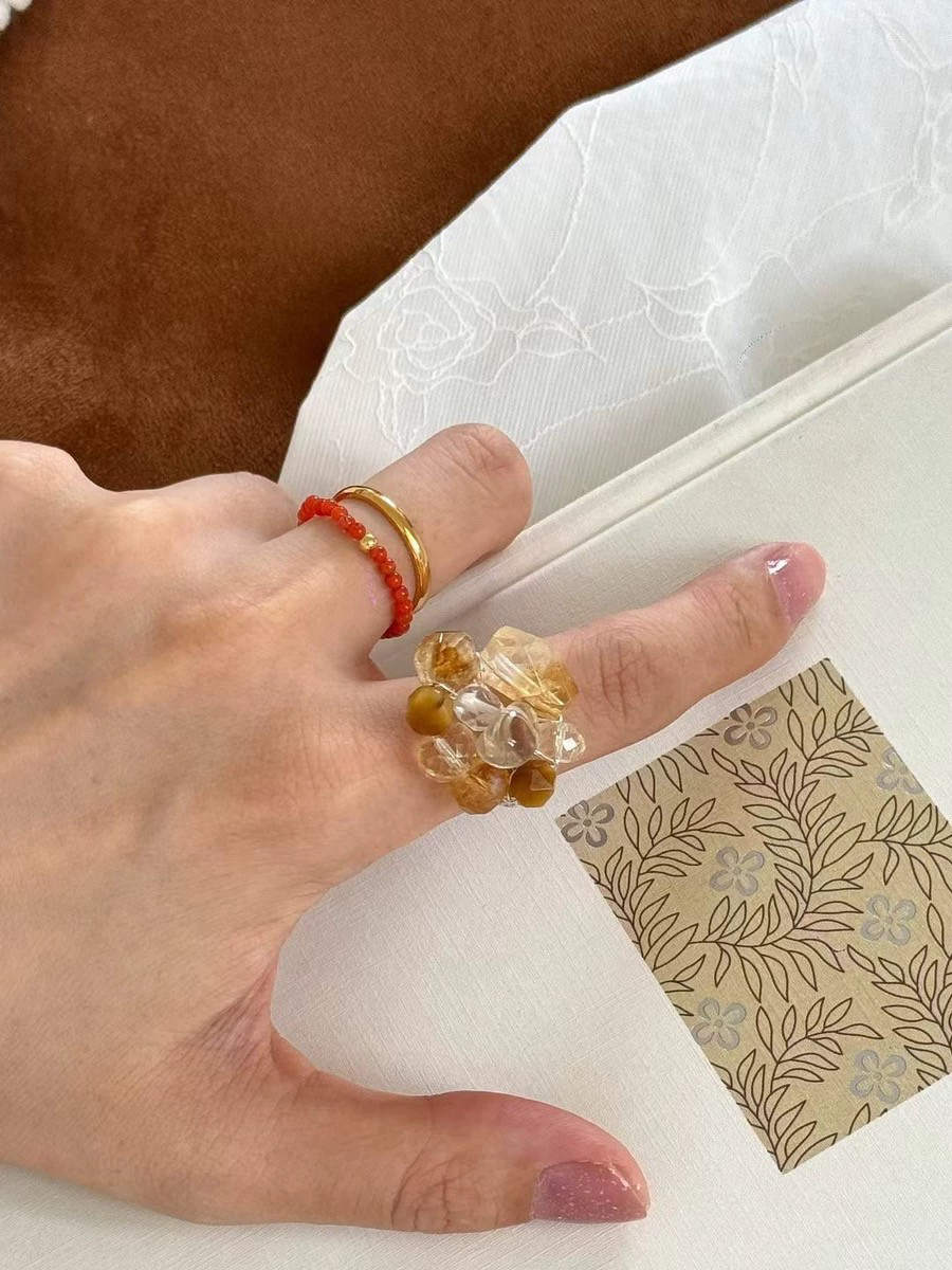 原创设计水晶花戒指白水晶黄水晶S925纯银开口戒简约复古手工串珠