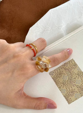 原创设计水晶花戒指白水晶黄水晶S925纯银开口戒简约复古手工串珠