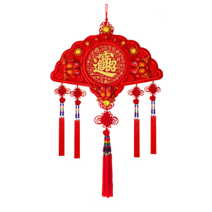 2025新款扇形中国结挂饰福字背景墙挂件大号乔迁过年高端桃木装饰