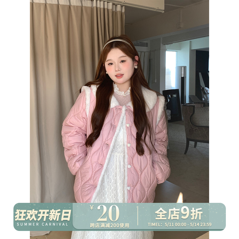 徐达布大码时尚棉服女秋冬气质加厚微胖妹妹上衣粉色宽松胖mm外套