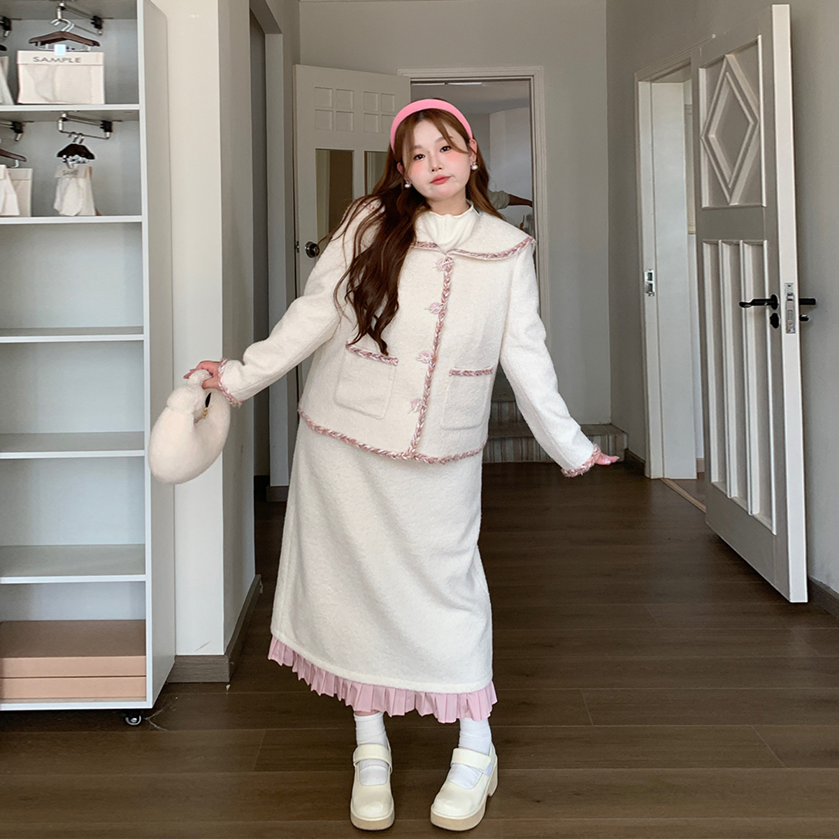 徐达布微胖妹妹呢子外套女秋冬新款休闲长款半身裙大码时尚套装女