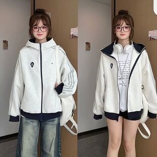 衣简衫美式复古连帽卫衣女2026初秋新款宽松百搭拉链帽衫外套潮流