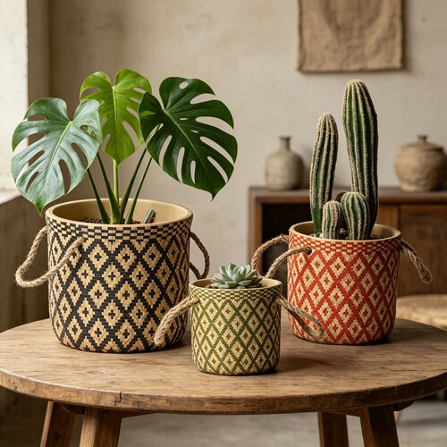 复古风仿编织篮陶土花盆方格风格简约创意盆栽绿萝绿植有孔花盆