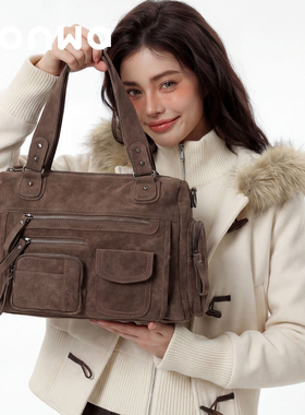 SONWA/原创 莫里斯本机车包 麂皮绒水洗复古多口袋拉链单肩斜挎包