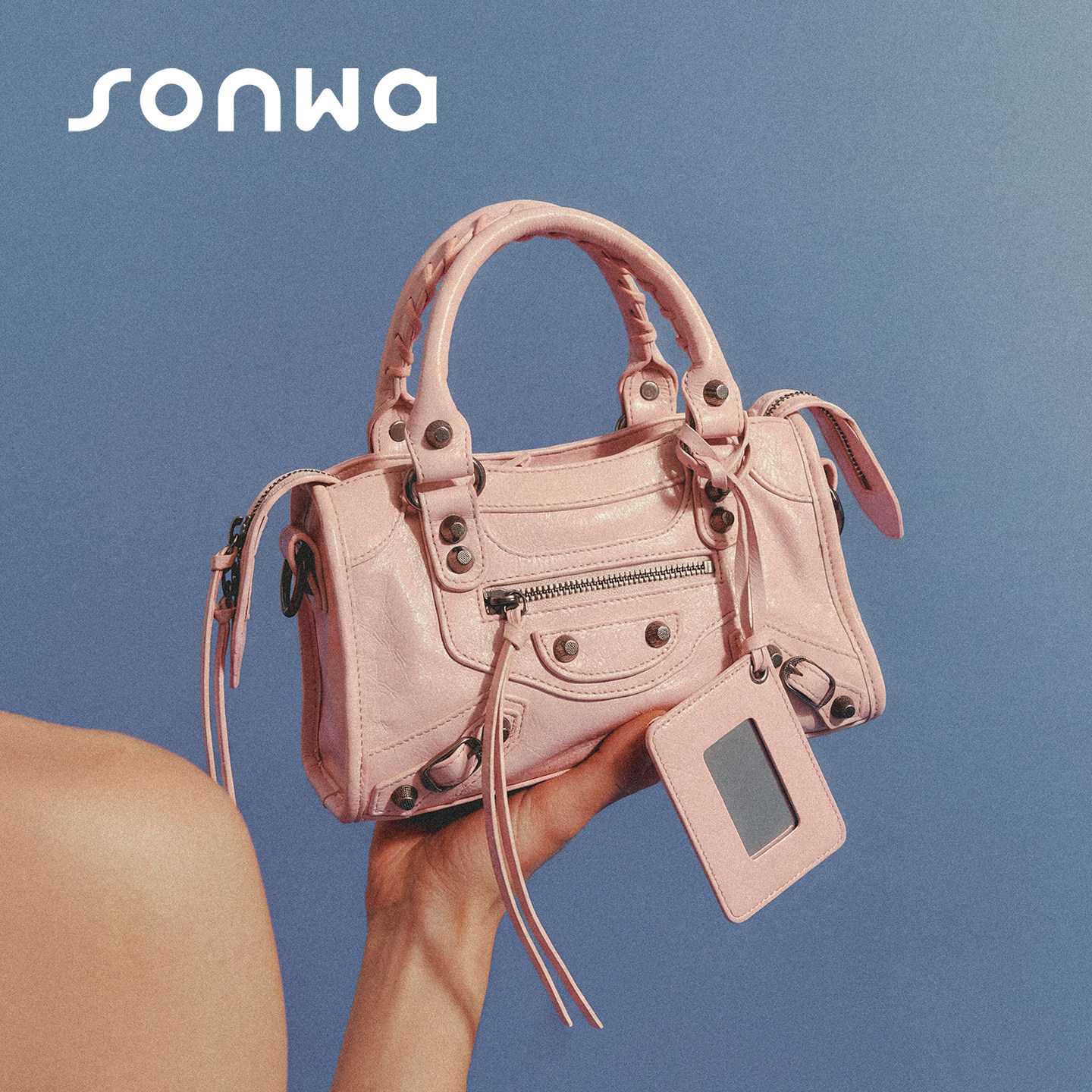 SONWA/巴黎复古机车小方包 油蜡/麂皮铆钉辣妹小号单肩手提斜挎包