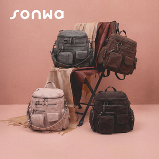 美式 莫里斯本双肩包 复古学院多口袋拉链通勤机车背包 原创 SONWA