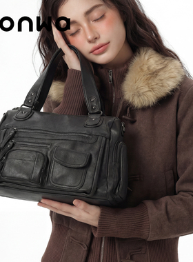 SONWA/原创 莫里斯本机车包 大容量复古多口袋拉链水洗单肩斜挎包