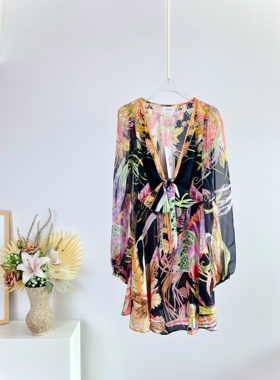 2024年春夏新款 Camilla真丝黑色印花打结迷你连衣裙