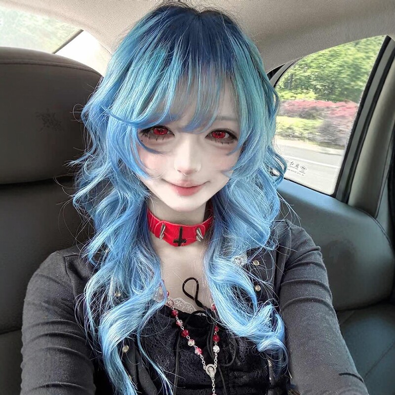 假发女网红蓝色水母头层次长卷发COS亚比日常蓬松JKJ整顶全头套