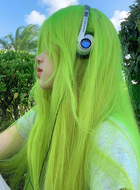 黑色草莓荧光绿中分假发女长发全头套酷帅亚比y2k长直发lolita彩j