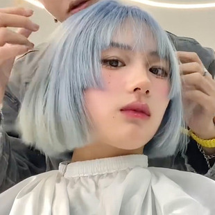 假发女夏短发Lolita蓝色可爱圆脸修脸公主切姬发式齐刘海发套