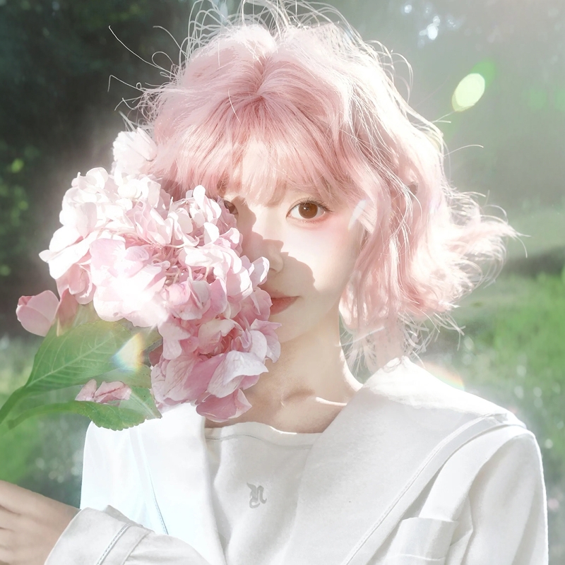 樱花粉色假发女蓬松短卷发全头套