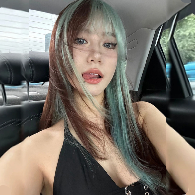 万圣节女生长直发绿色渐变黑Lolita洛丽塔圆脸自然空气刘海甜辣风