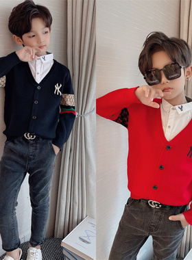 男童针织开衫男孩假两件红色新年毛衣大童2023秋冬儿童学院风外套