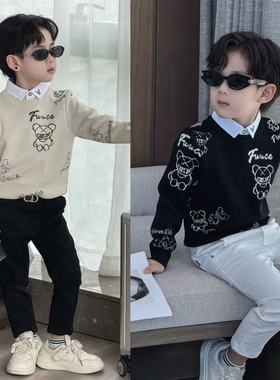 男童毛衣2025新款儿童秋冬卡通假两件针织衫中大童装休闲上衣潮酷