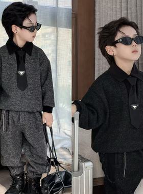 男童秋冬加绒卫衣套装2025新款中大儿童时髦翻领两件套保暖炸街