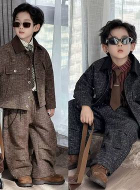 男童复古痞帅风套装2025冬季新款中大儿童洋气时髦外套两件套加厚