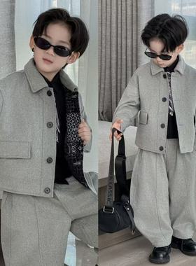 新款儿童设计感休闲风西装套装25男童年货夹棉灰色秋冬洋气两件套