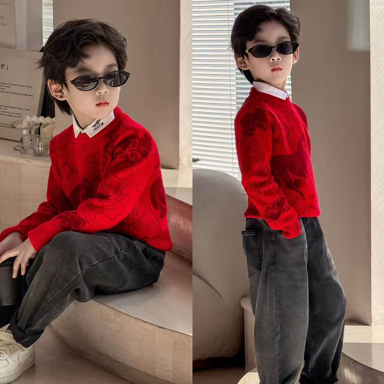 新年款童装2026秋冬儿童本命年红色针织衫男童假两件毛衣马年衣服,童装/婴儿装/亲子装,毛衣/针织衫,淘宝优惠券,粉丝福利购,淘宝优惠卷