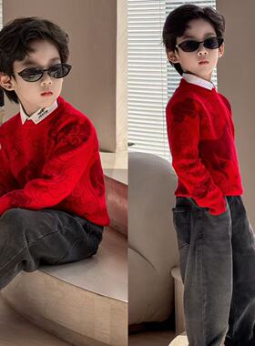 新年款童装2026秋冬儿童本命年红色针织衫男童假两件毛衣马年衣服