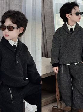 男童秋冬套装2025新款童装帅气潮流糯米绒中大儿童翻领卫衣两件套