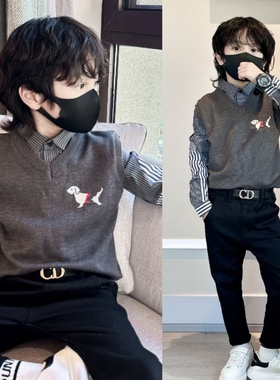 男童毛衣加绒衬衫假两件秋冬2024新款中大童背心儿童男孩针织马甲