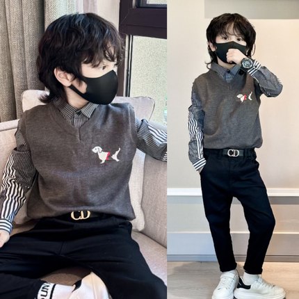 男童毛衣加绒衬衫假两件秋冬2024新款中大童背心儿童男孩针织马甲