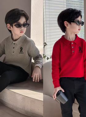 韩版童装2026春秋儿童POLO领针织衫中大男童刺绣翻领毛衣洋气上衣